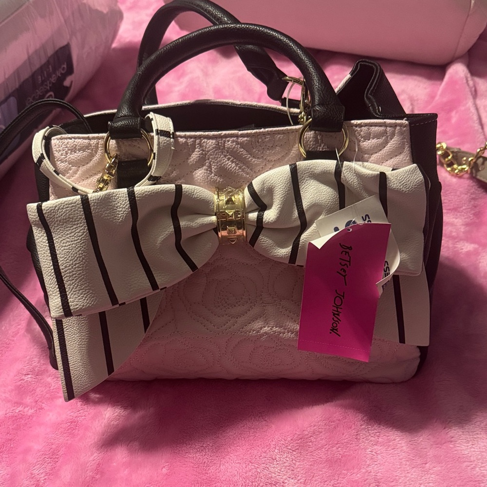 Betsey Johnson Black and Cream Striped Bow Satchel